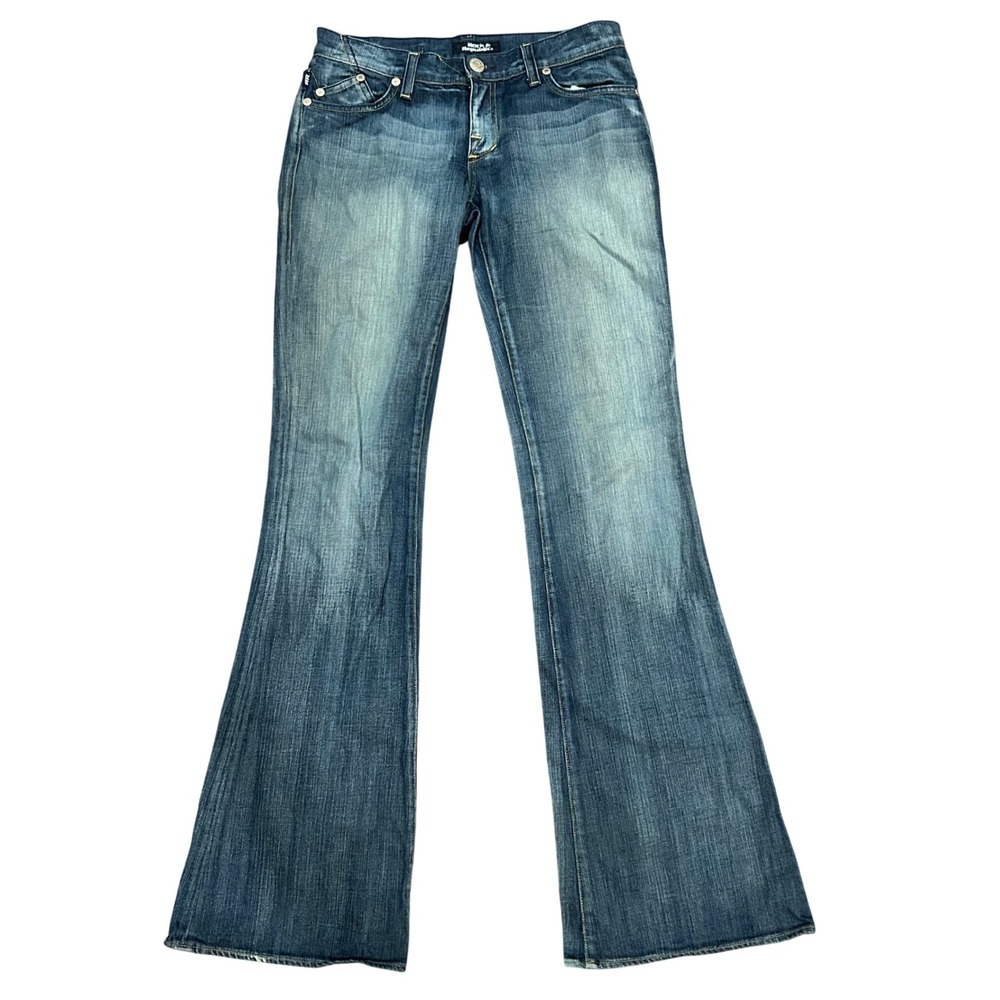 Rock & Republic Flare Jeans Women Blue Pink Embroidered Logo Low Rise 27